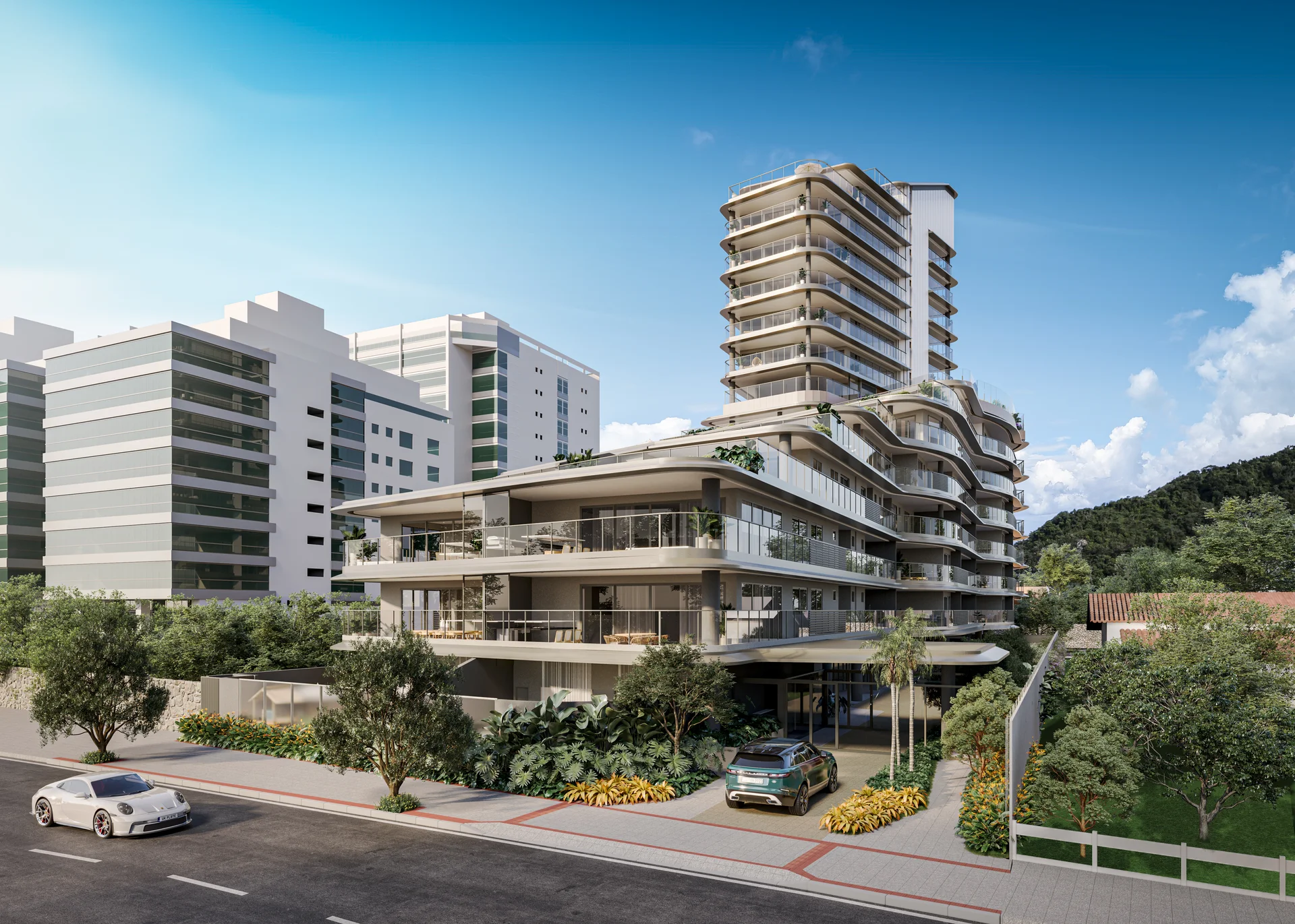 Fachada imponente do Apogeo Residences na Rua Gastão Roubach, Praia da Costa, Vila Velha