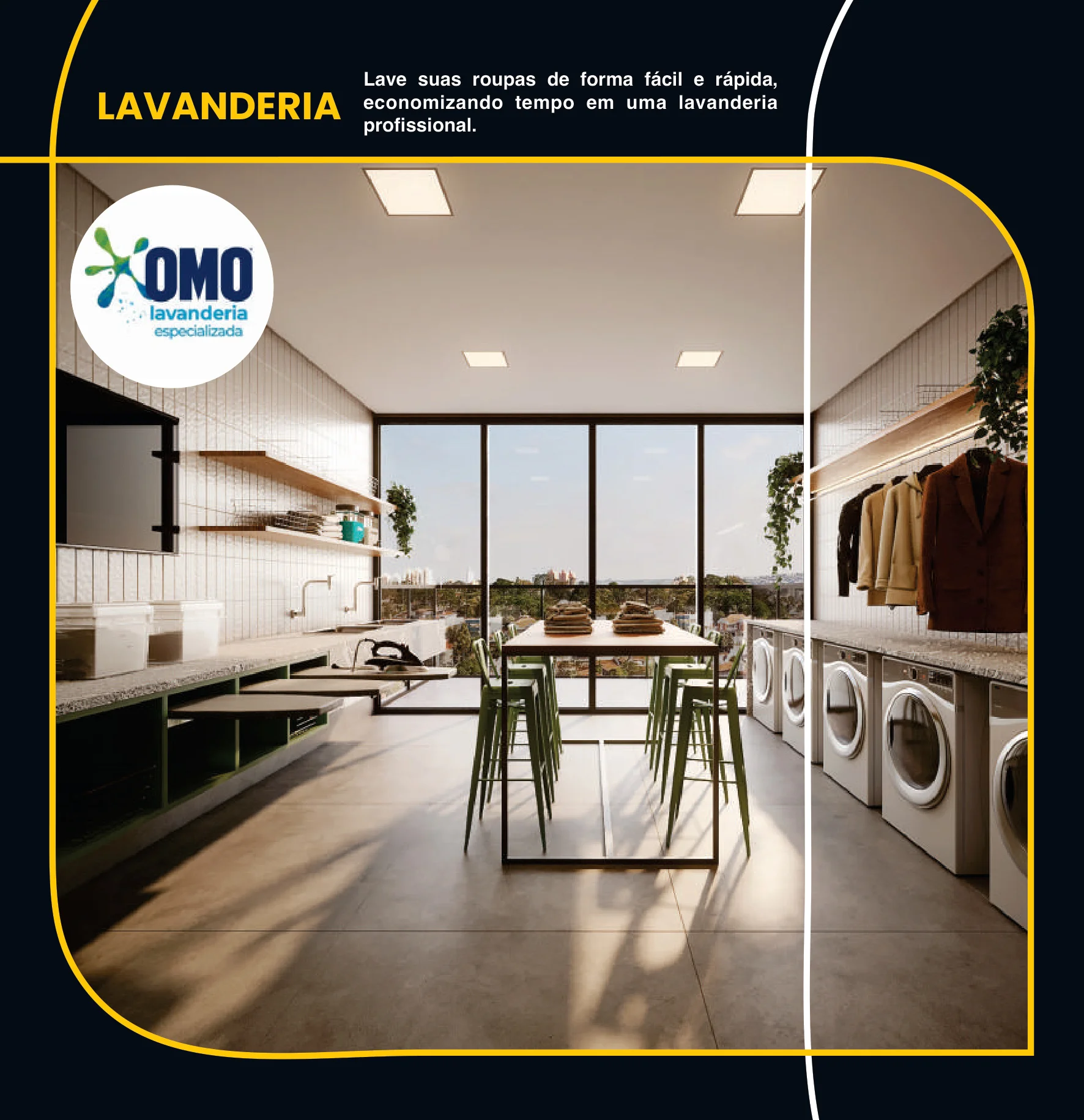 Lavanderia profissional compartilhada OMO para máxima praticidade
