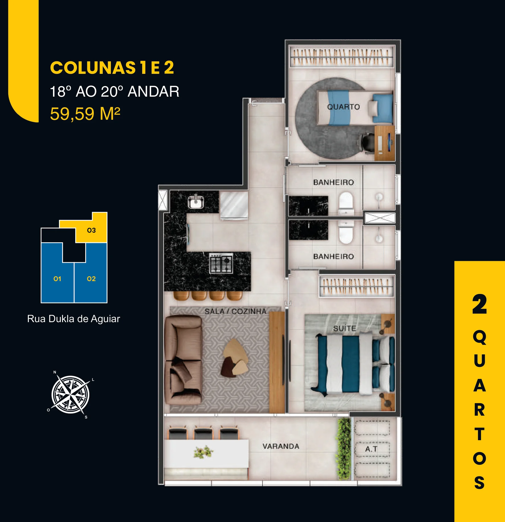 Planta Humanizada 2 Quartos 59,59 m² - Canal One Construtora Canal