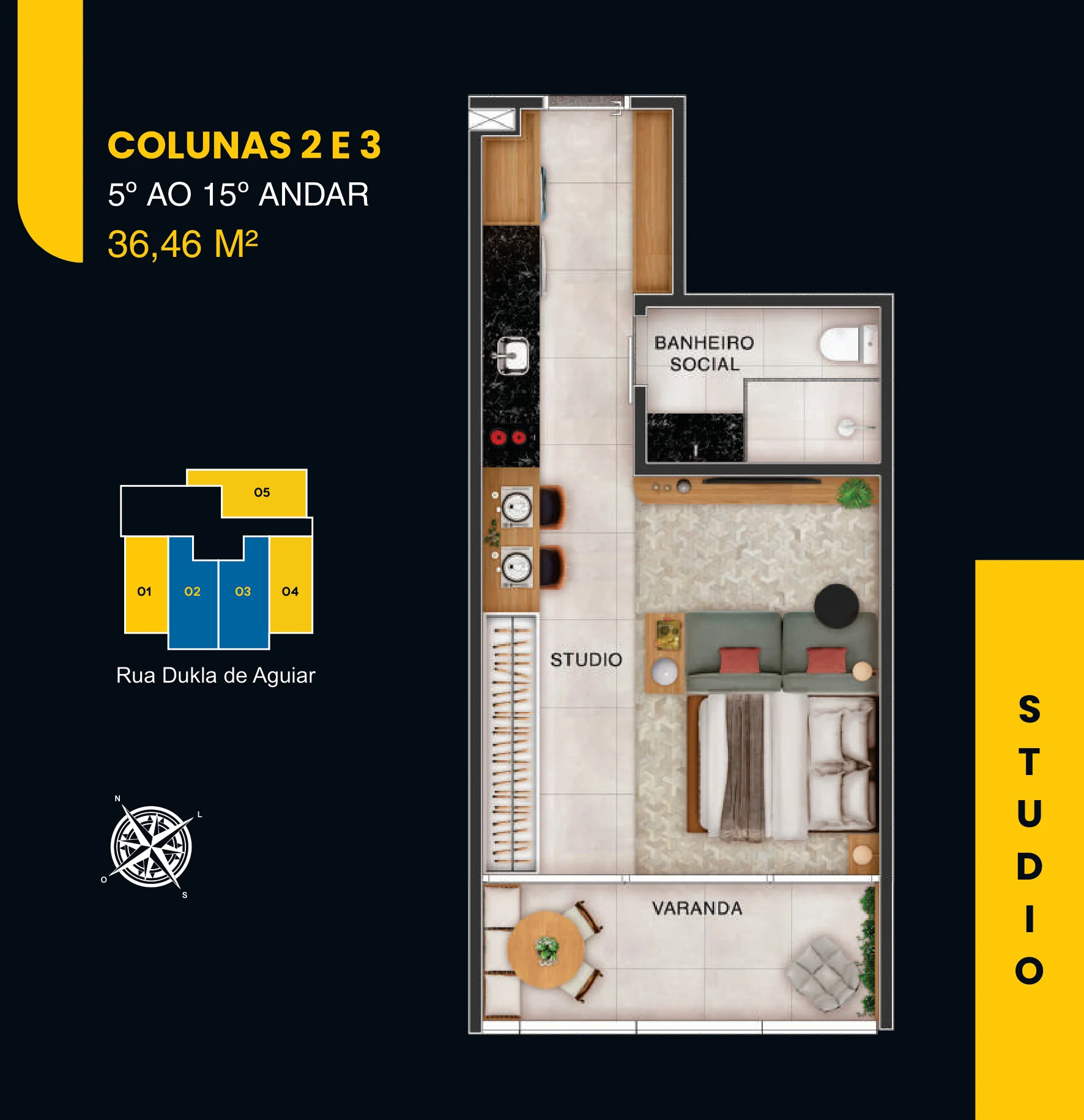 Planta Humanizada Studio 36,46 m² - Canal One Construtora Canal
