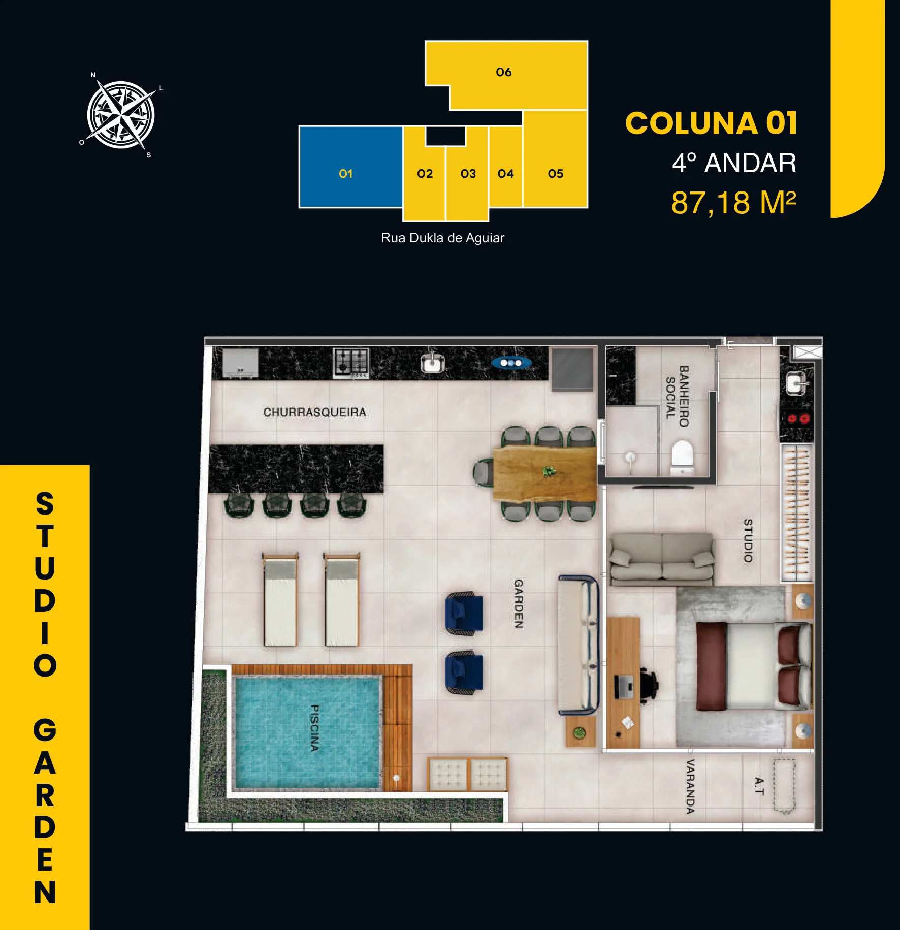 Planta Humanizada Studio Garden 87,18 m² - Canal One Construtora Canal