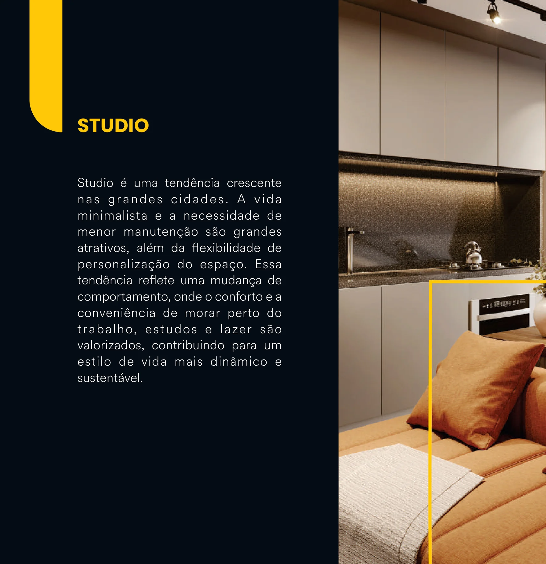 Perspectiva do Studio inteligente com integração e acabamento refinado