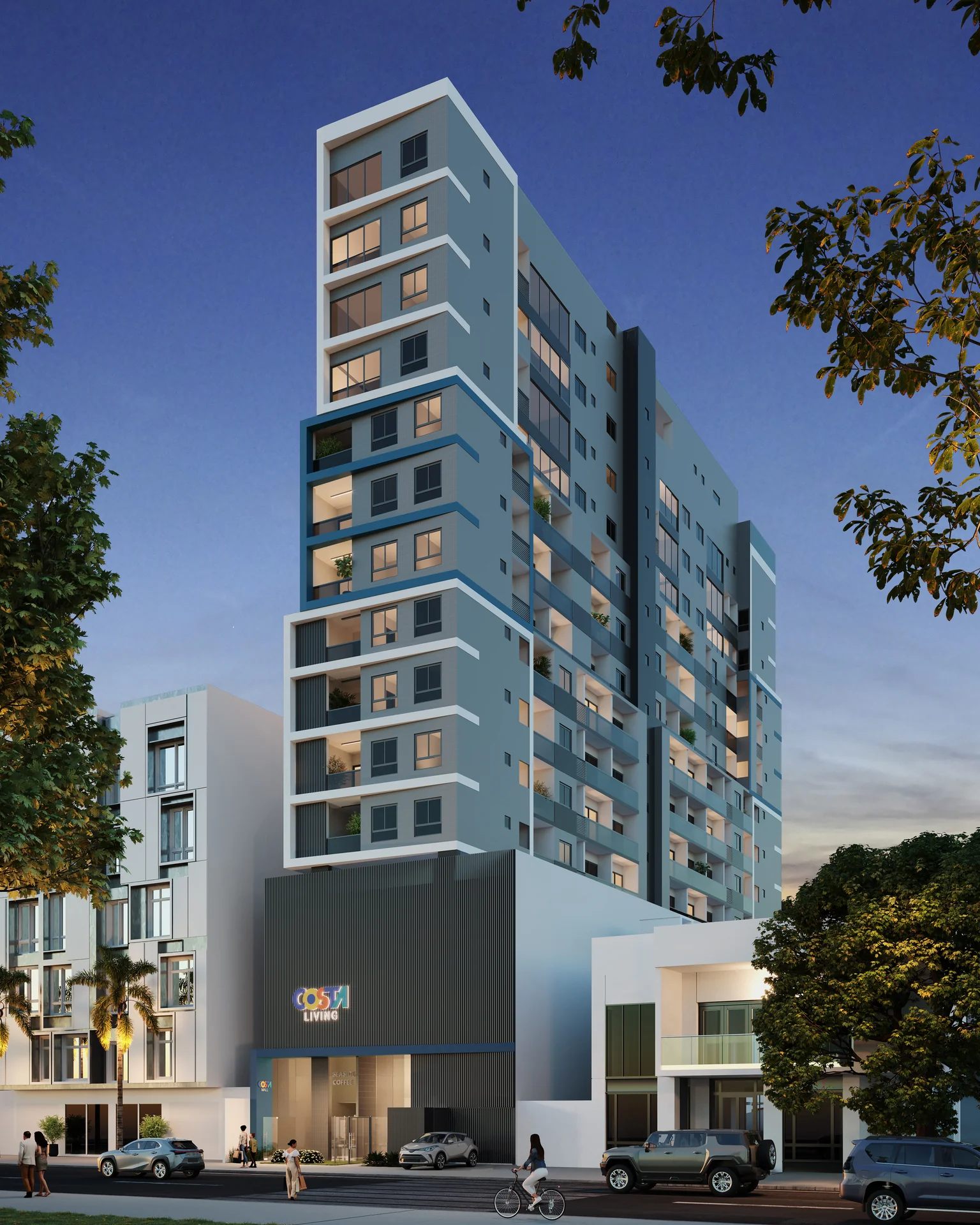 Fachada imponente do Costa Living em frente ao Shopping Praia da Costa, Vila Velha