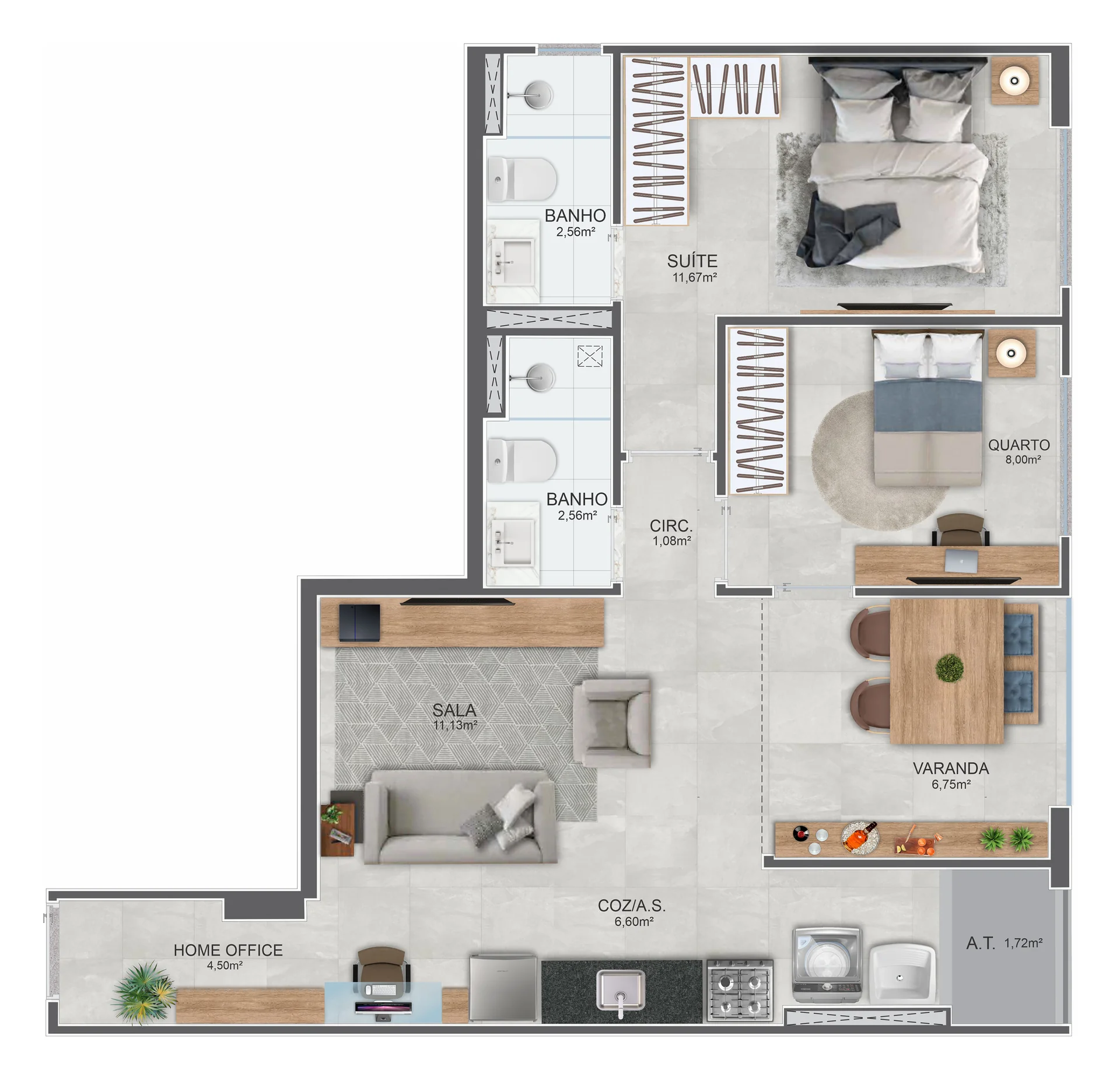 Planta 2 Quartos com Suíte — Coluna 01 (4º ao 7º Andar)