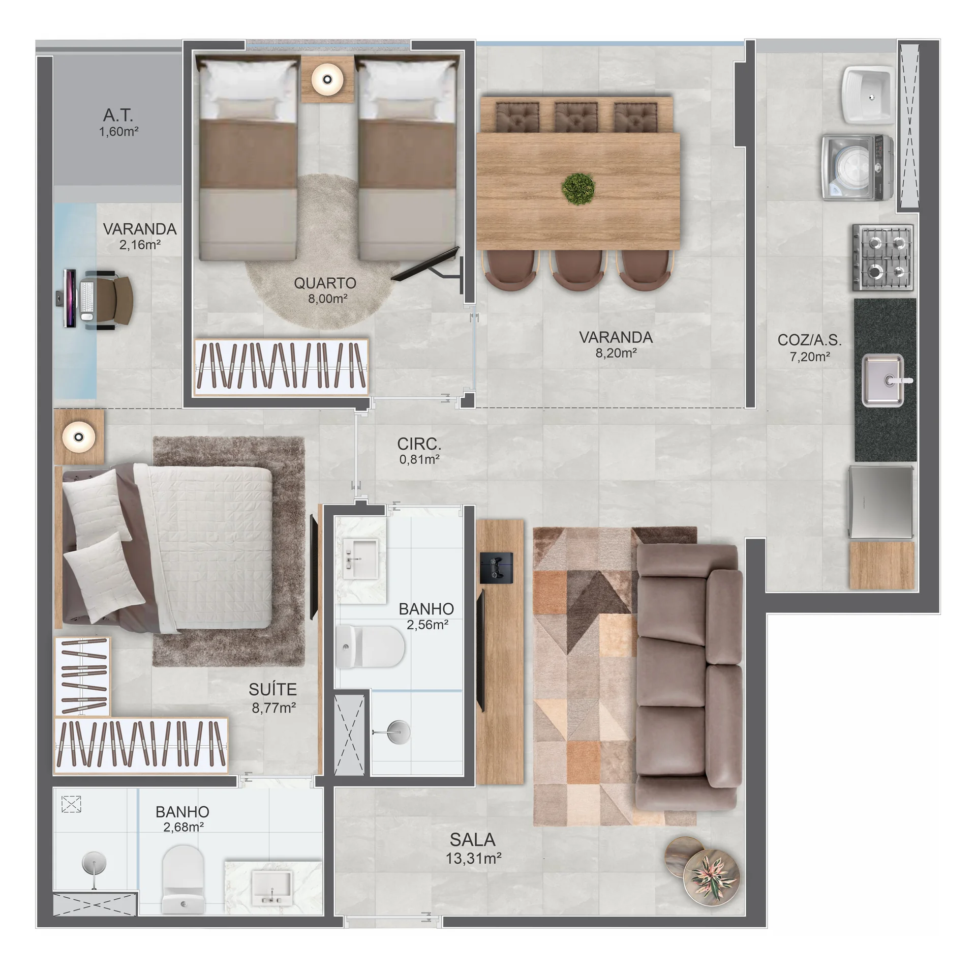 Planta 2 Quartos com Suíte — Coluna 02 (4º ao 7º Andar)