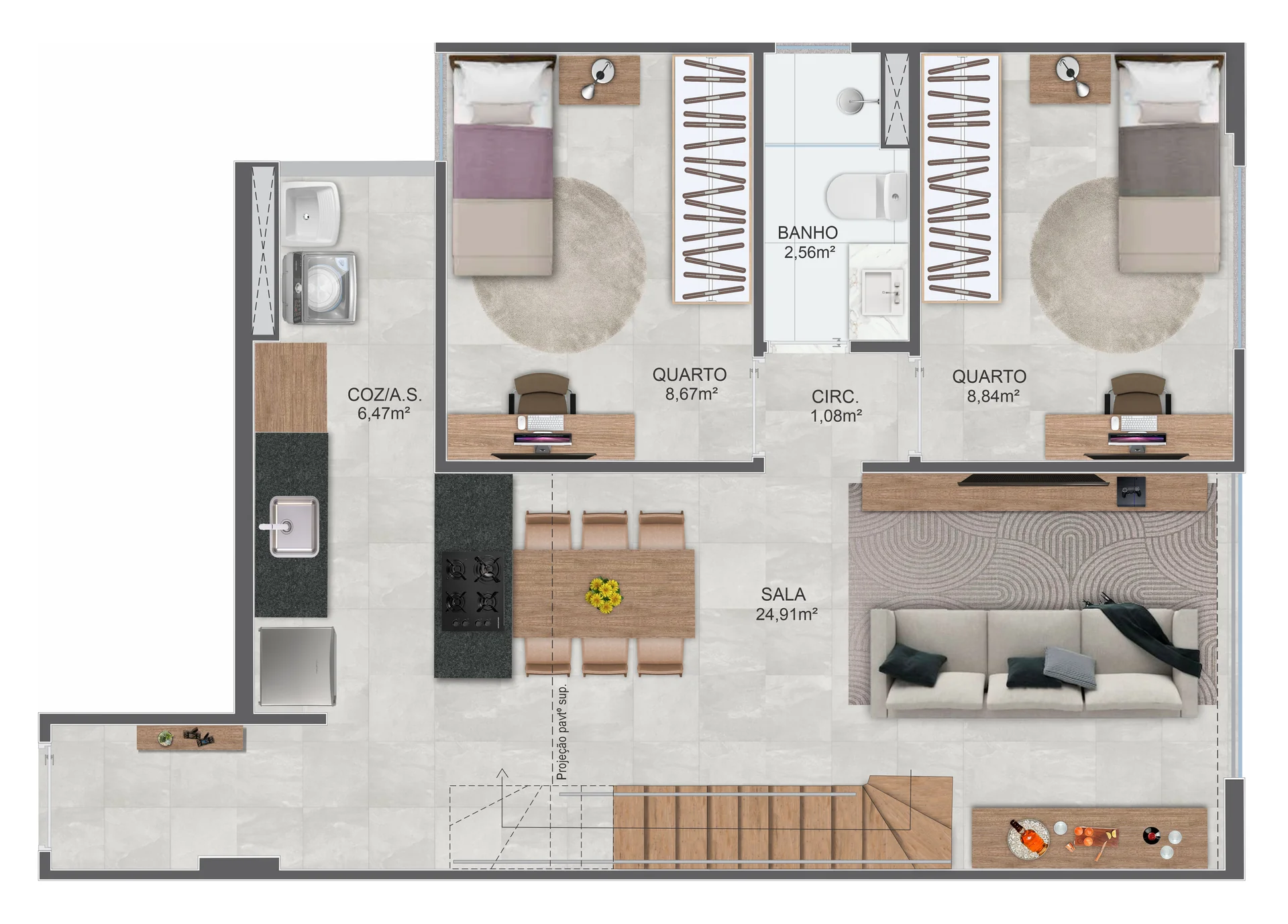 Planta Loft Duplex 3 Quartos com Suíte — Pavimento Inferior