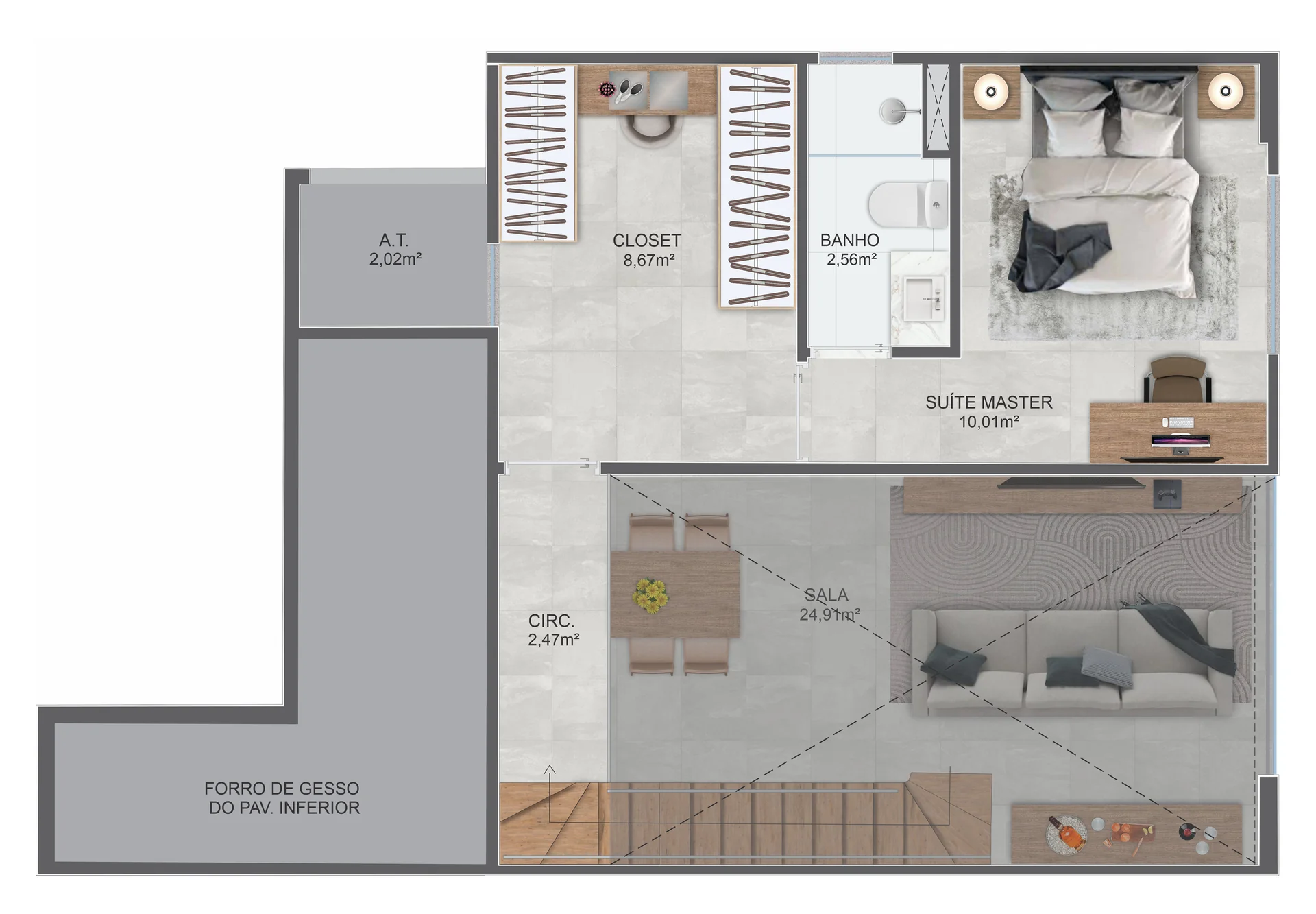 Planta Loft Duplex 3 Quartos com Suíte — Mezanino