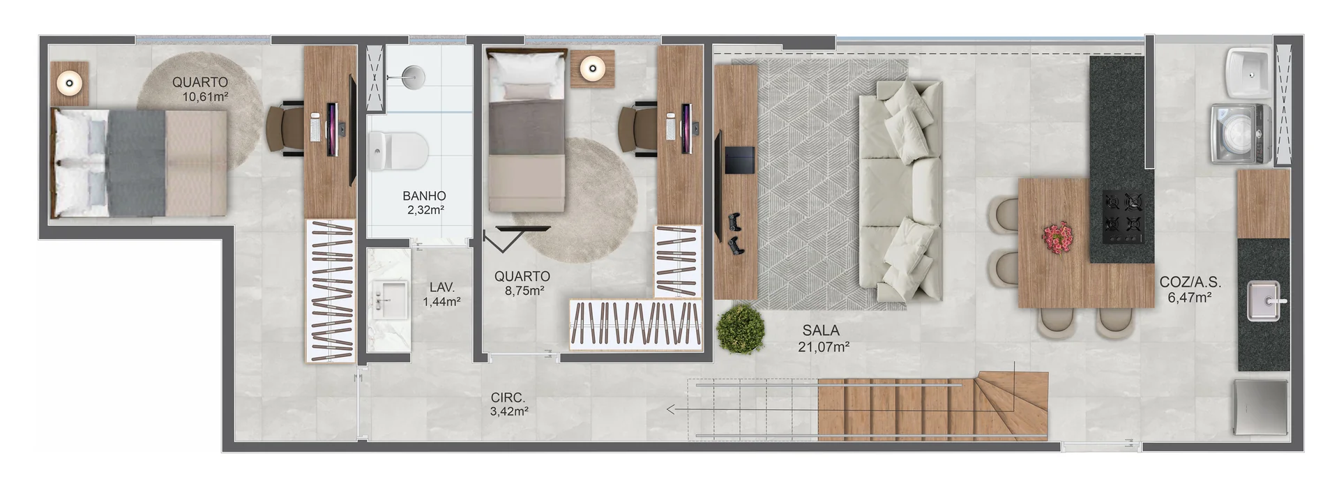 Planta Loft Duplex 2 Quartos com Suíte — Pavimento Inferior