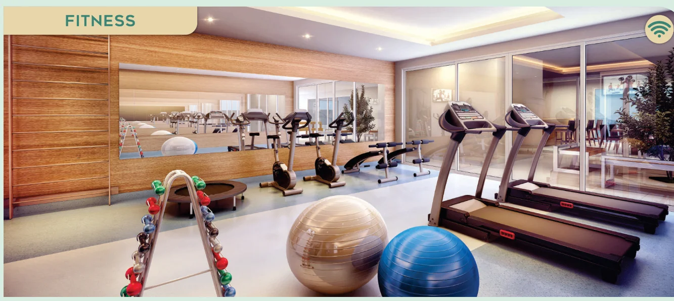Academia Fitness climatizada com equipamentos modernos e vista panorâmica