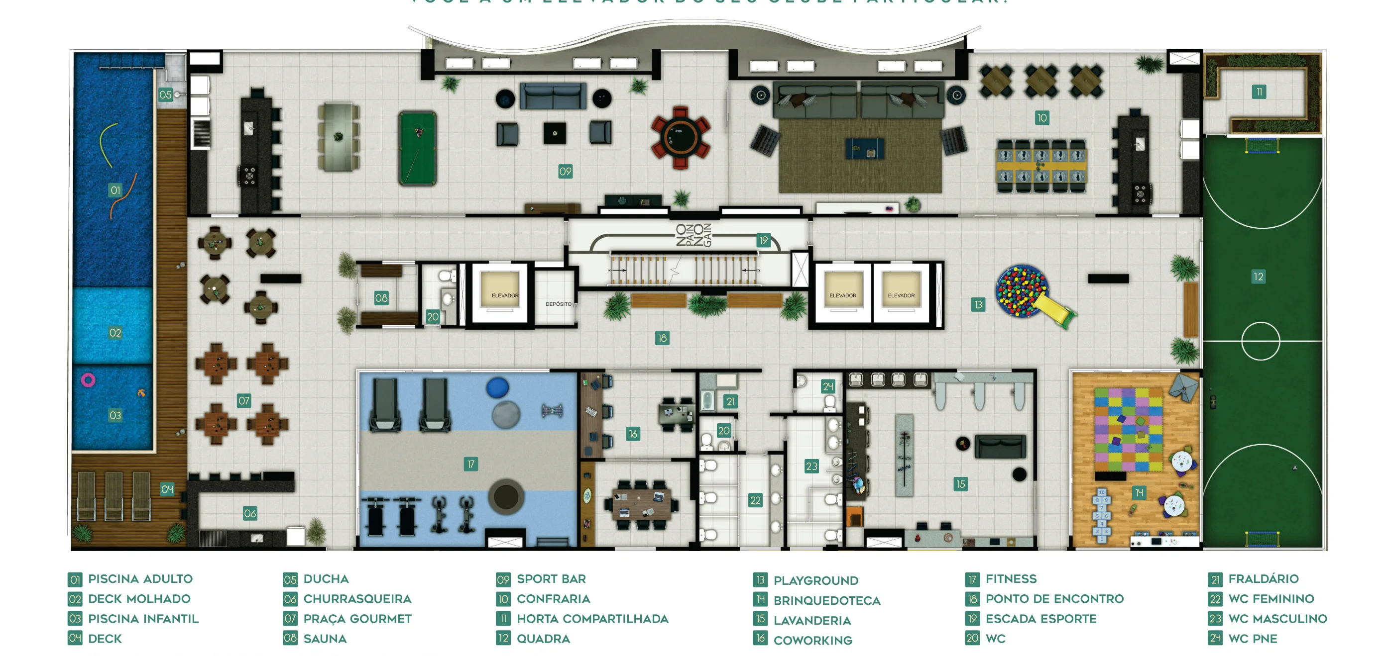 Planta humanizada de implantação do clube de lazer completo no pilotis