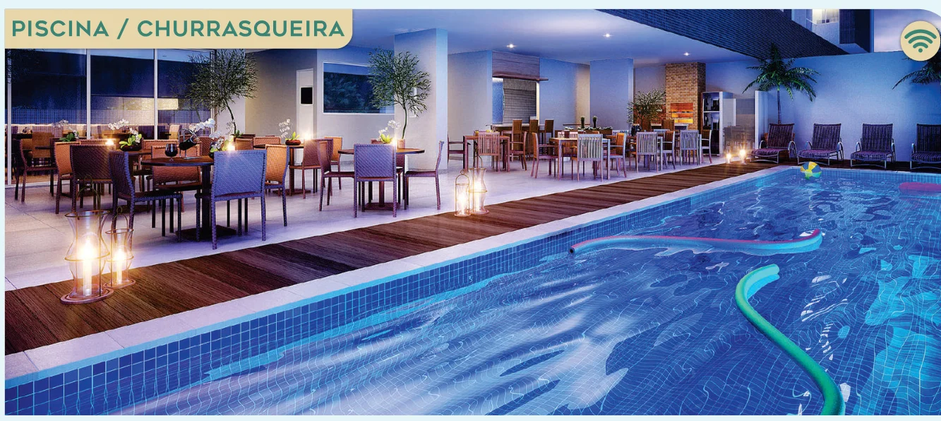 Piscina adulto com deck molhado, piscina infantil e churrasqueira gourmet integrada