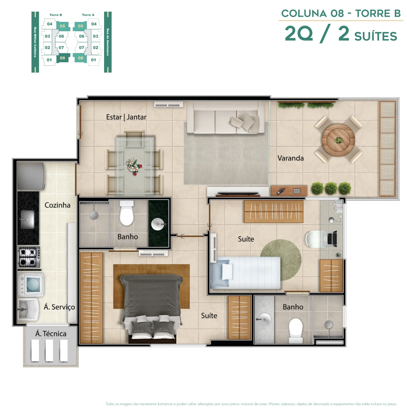 Planta Humanizada 2 Quartos 2 Suítes 61,06 m² - Ed. Costa Mare Construtora Canal