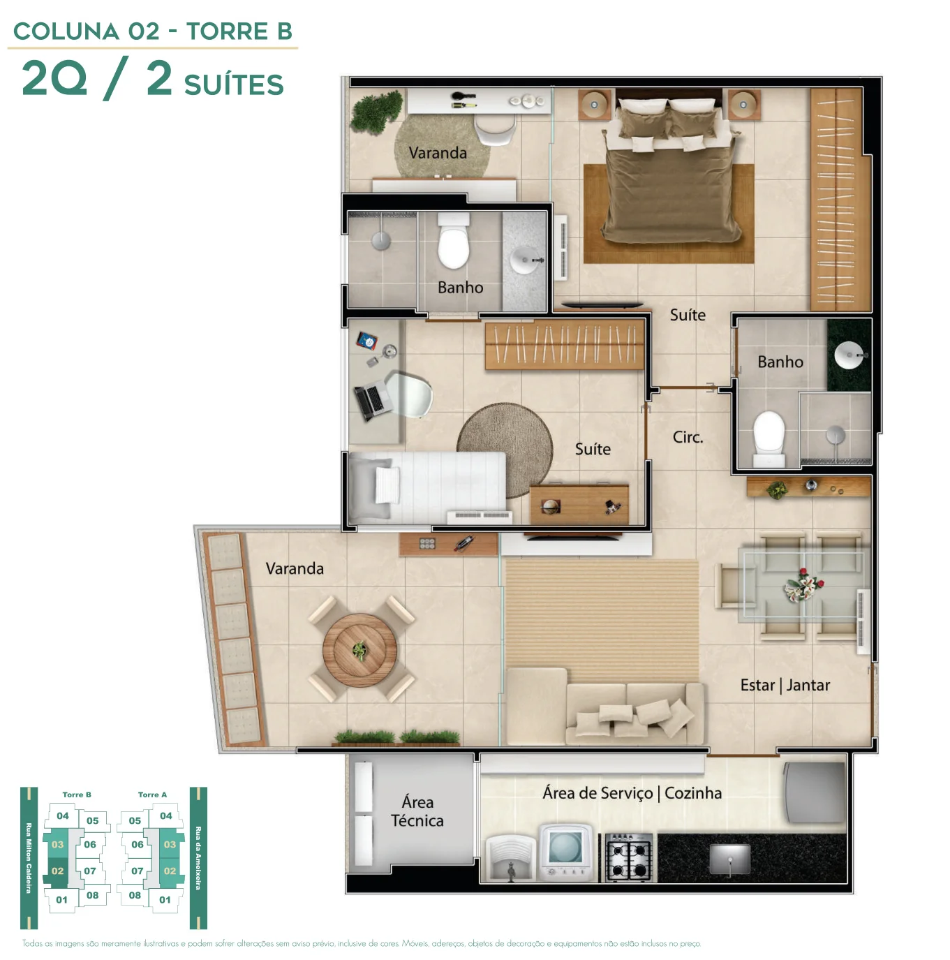 Planta Humanizada 2 Quartos 2 Suítes 63,82 m² - Ed. Costa Mare Construtora Canal