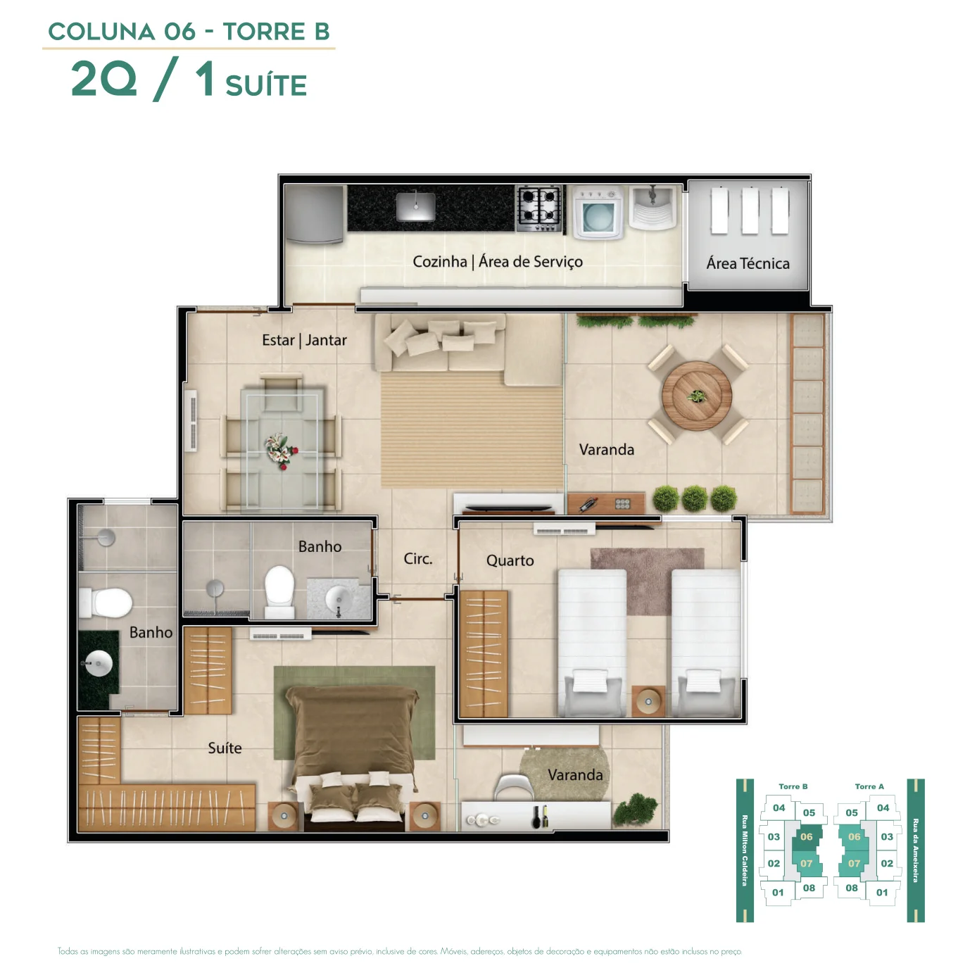 Planta Humanizada 2 Quartos 1 Suíte 64,17 m² - Ed. Costa Mare Construtora Canal