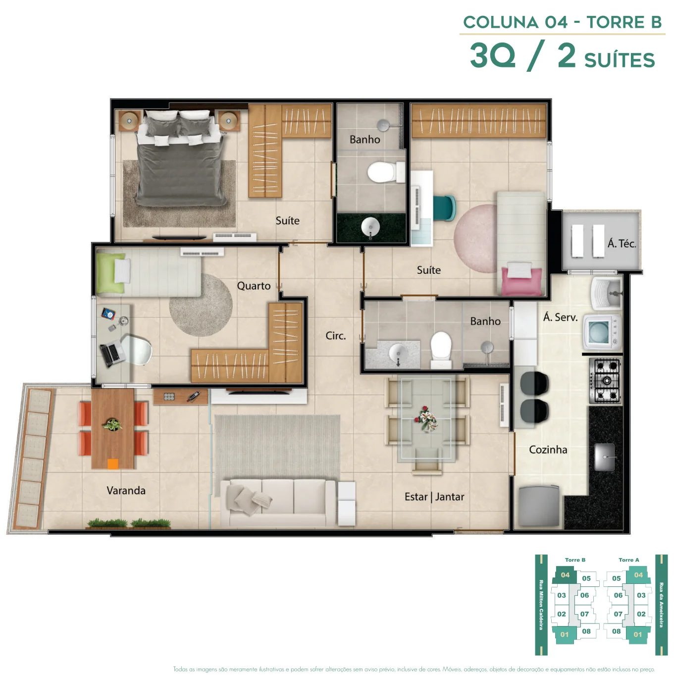 Planta Humanizada 3 Quartos 2 Suítes 76,54 m² - Ed. Costa Mare Construtora Canal