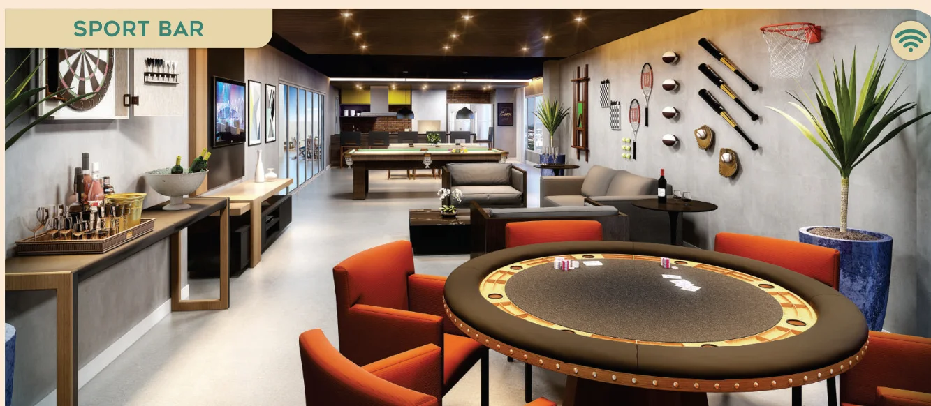 Espaço Sport Bar completo com mesa de poker, sinuca, chopeira e telão para jogos