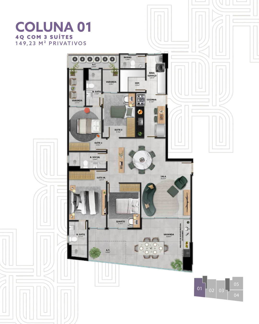Apartamento 4 Quartos c/ 3 Suítes - Coluna 01 (149,23 m²)