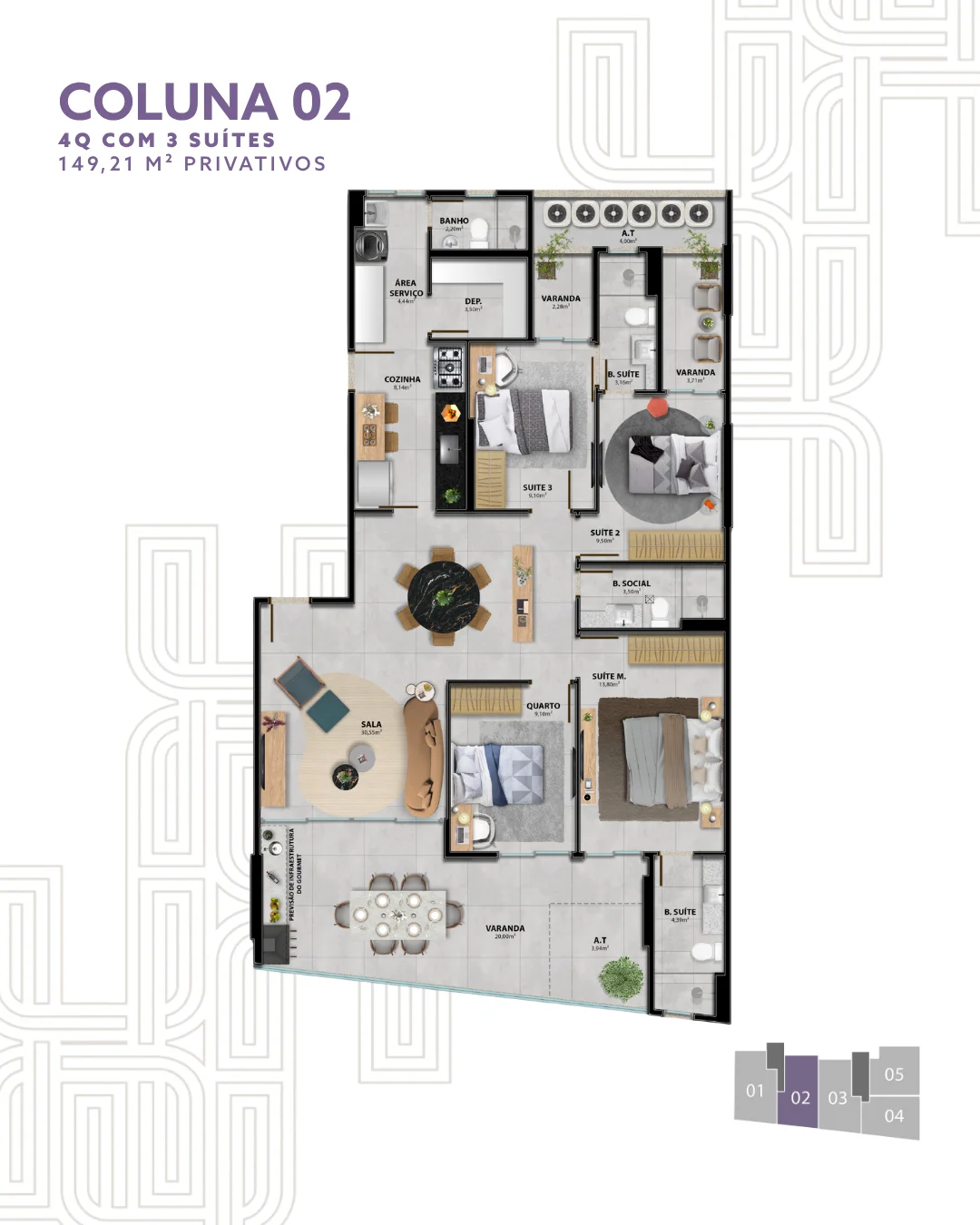 Apartamento 4 Quartos c/ 3 Suítes - Coluna 02 (149,21 m²)