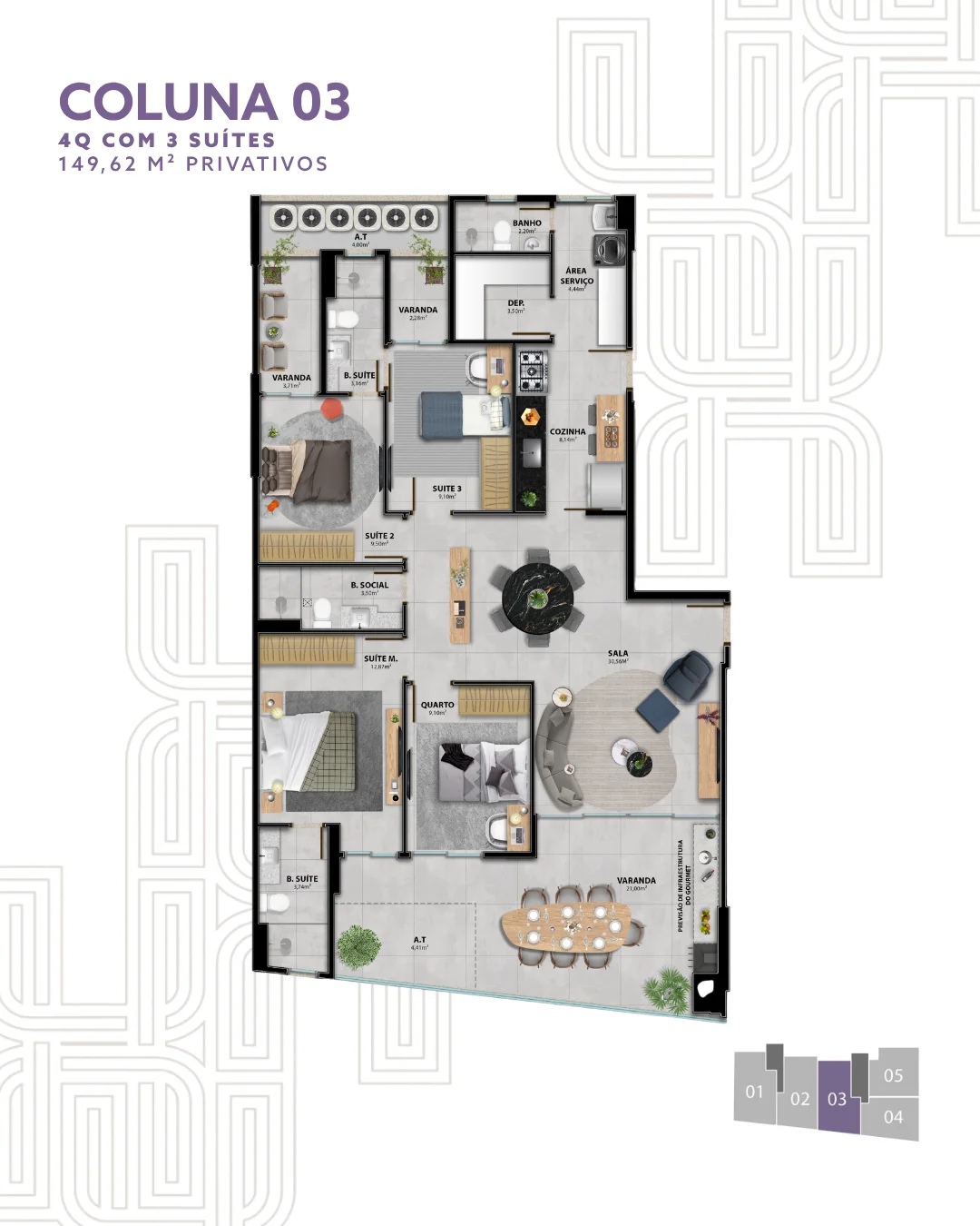 Apartamento 4 Quartos c/ 3 Suítes - Coluna 03 (149,62 m²)