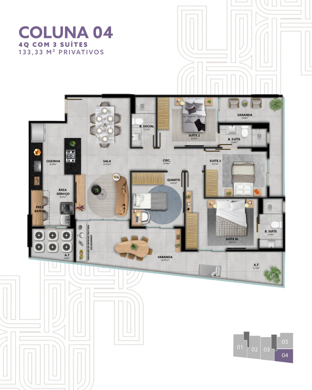 Apartamento 4 Quartos c/ 3 Suítes - Coluna 04 (133,33 m²)