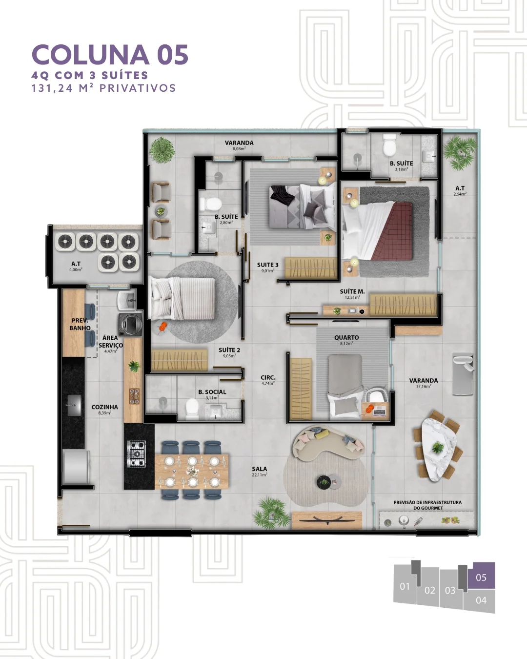 Apartamento 4 Quartos c/ 3 Suítes - Coluna 05 (131,24 m²)