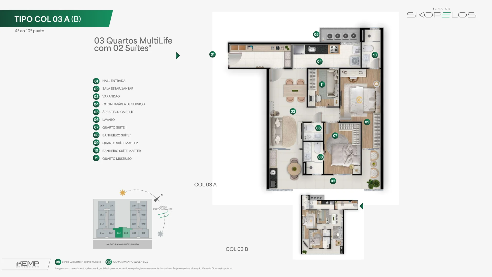 Planta Tipo 3 Quartos com Suíte — Coluna 02 (70,00 m²)