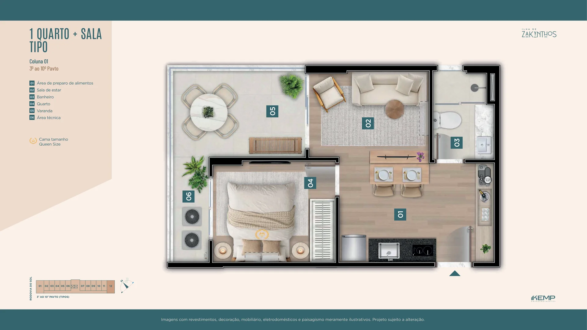 Planta 1 Quarto Tipo com Varanda — Colunas 01 e 12 (3º ao 10º Andar)
