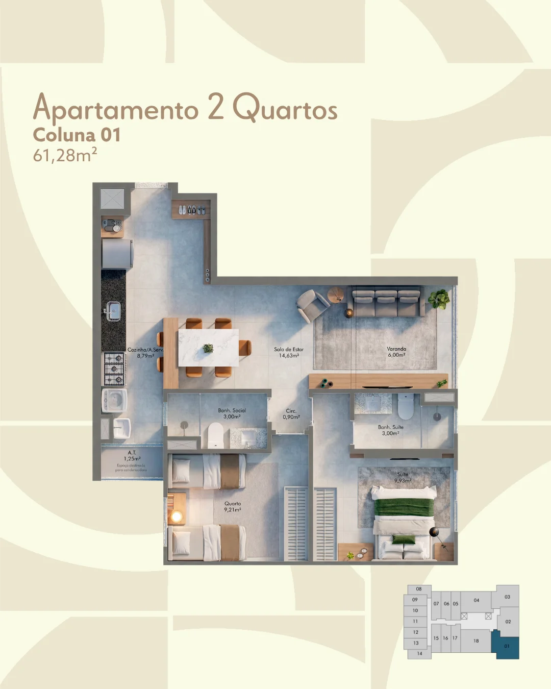 Apartamento 2 Quartos - Coluna 01 (61,28 m²)
