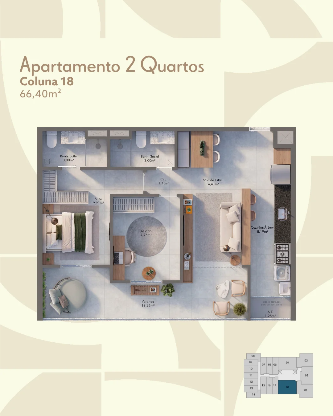 Apartamento 2 Quartos - Coluna 18 (66,40 m²)