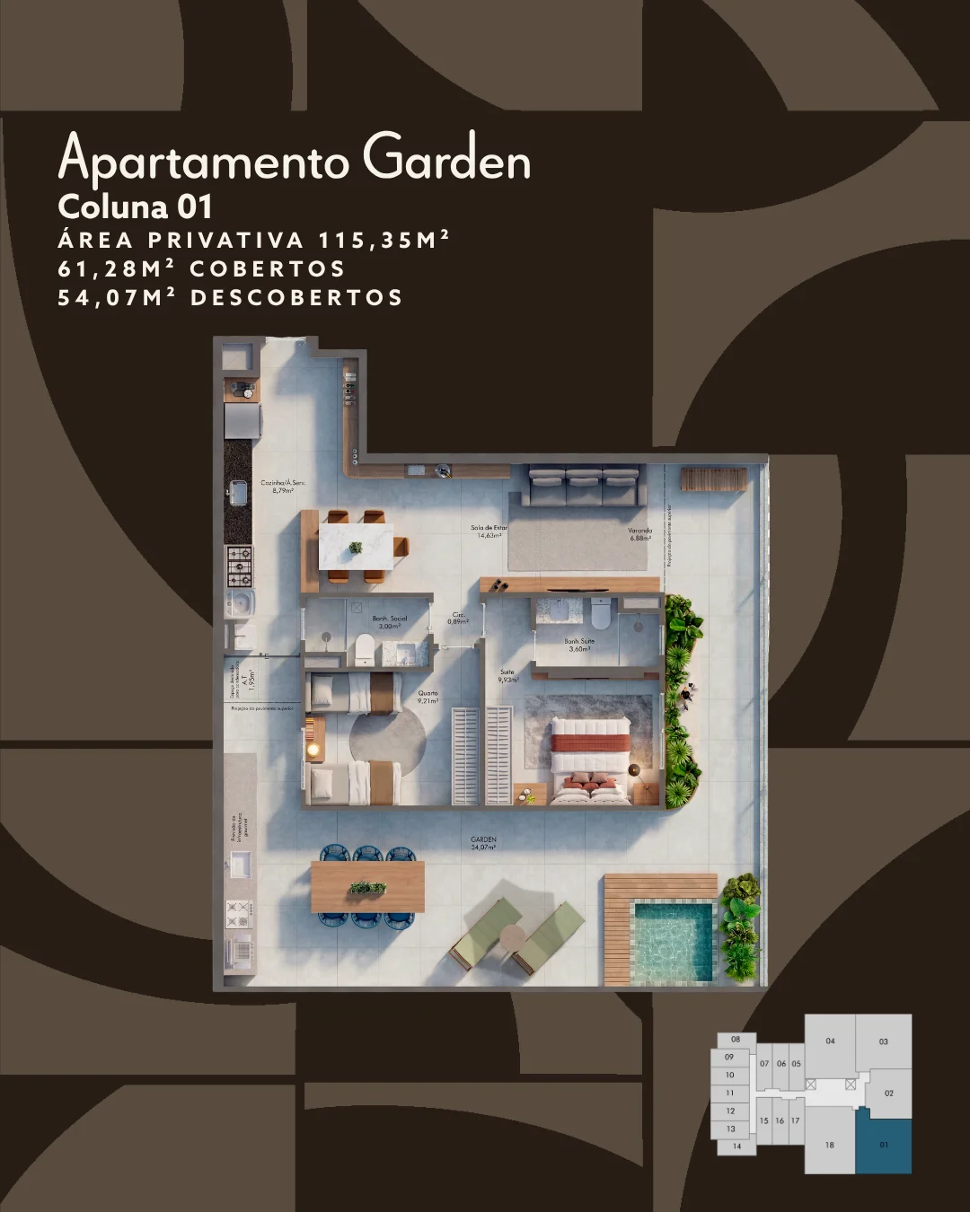 Apartamento Garden 2Q c/ Piscina Privativa - Coluna 01 (115,35 m²)