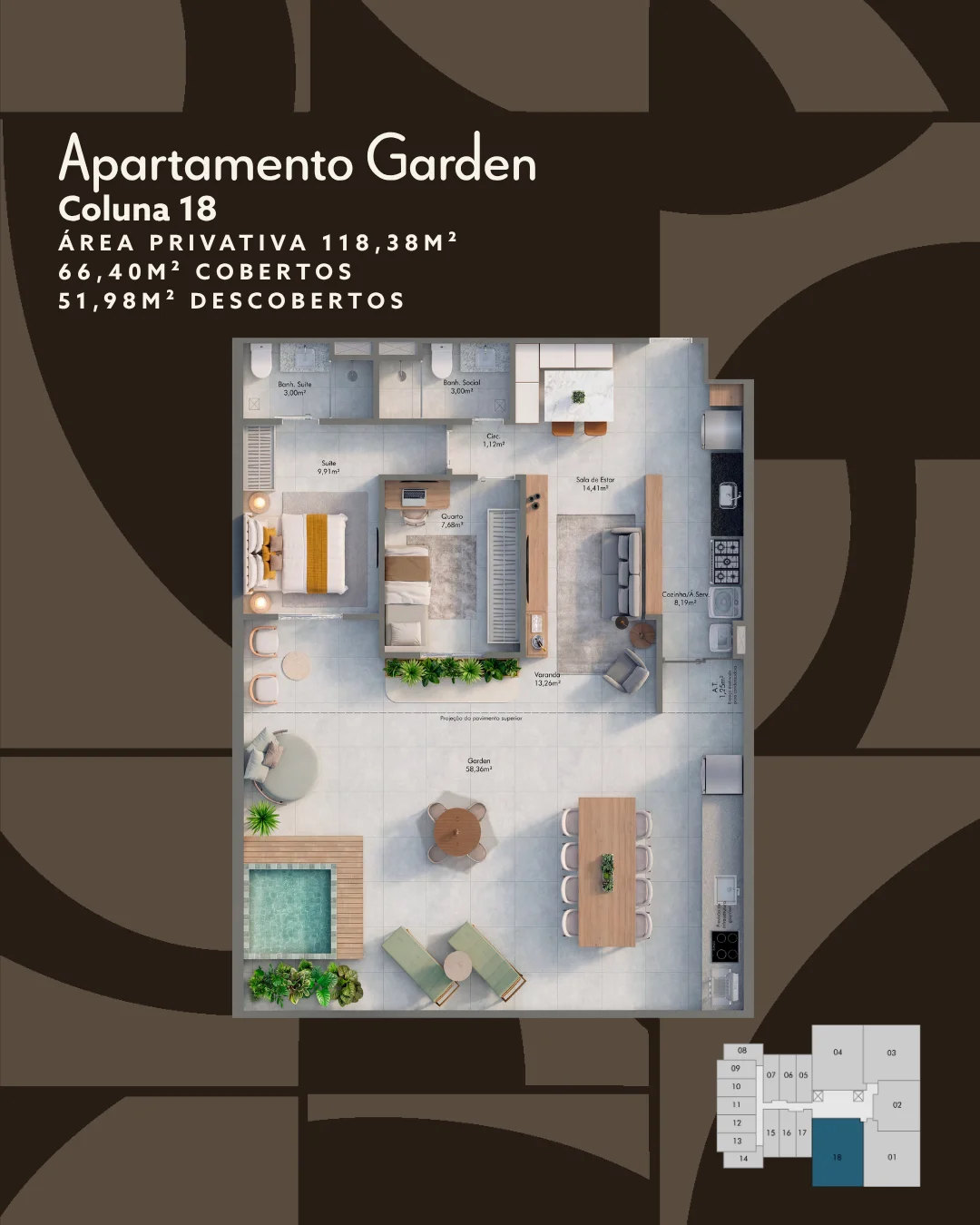 Apartamento Garden 2Q c/ Piscina Privativa - Coluna 18 (118,38 m²)