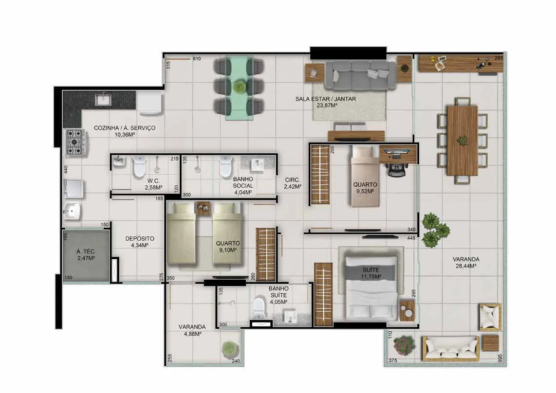 Torre Montecchio - Coluna 02 | 3 Quartos (1 Suíte) - 127,21 m²