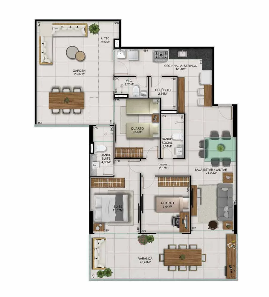 Torre Montecchio - Coluna 03 Garden | 3 Quartos - 143,58 m²