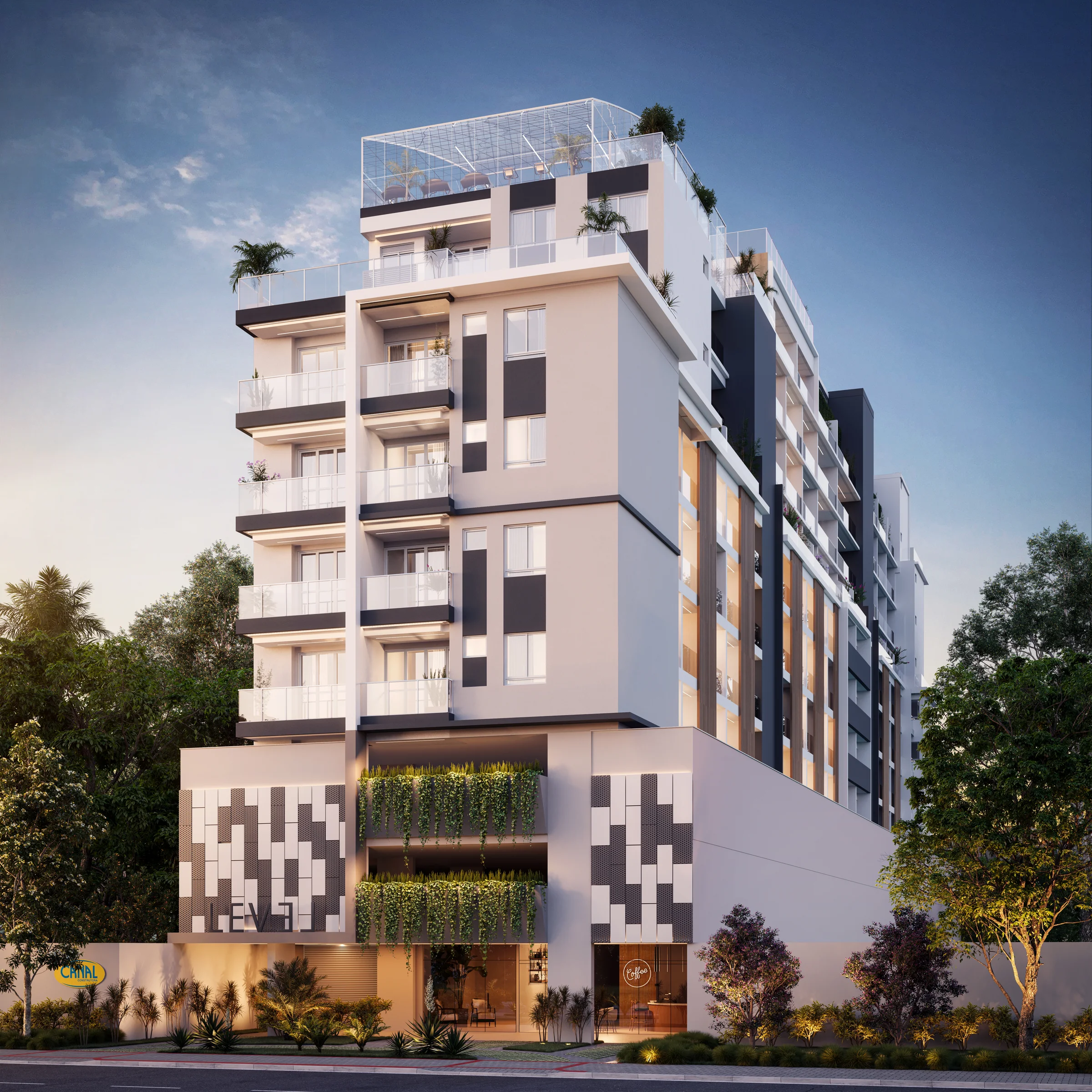 Fachada contemporânea imponente do Edifício Level Construtora Canal na Praia de Itaparica Vila Velha