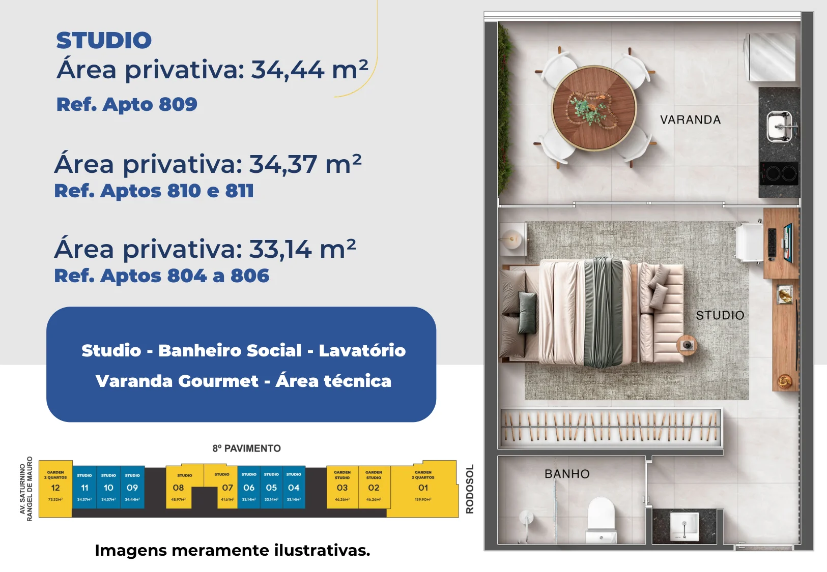 Planta humanizada do 8º pavimento com confortáveis apartamentos de 2 quartos