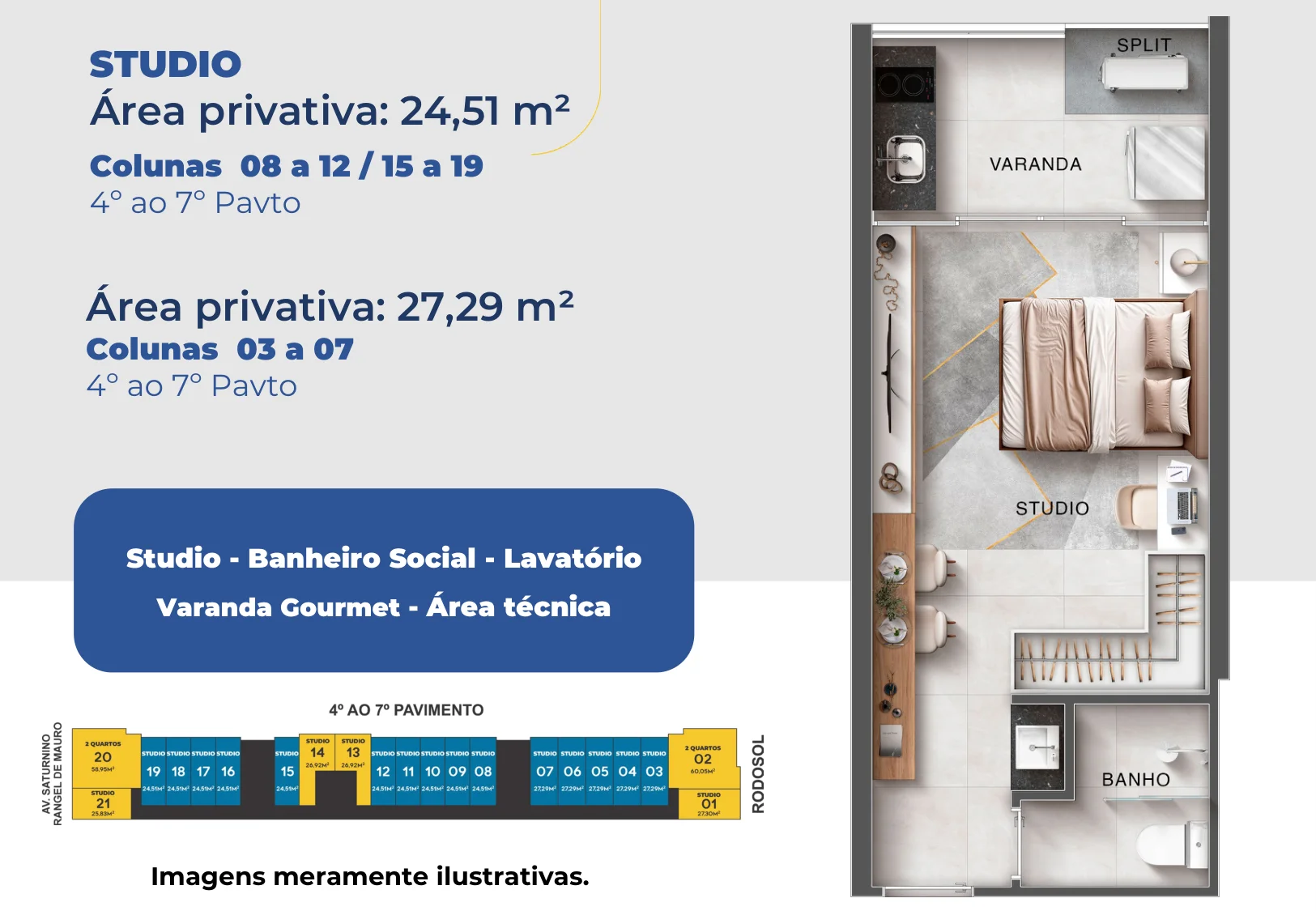 Planta humanizada do pavimento tipo com studios inteligentes e apartamentos de 2 quartos