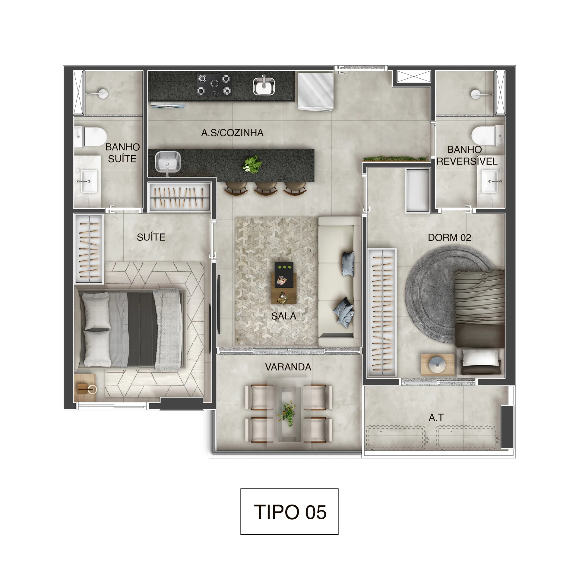 Planta Tipo 05 - 2 Quartos c/ Suíte (55,11 m²)