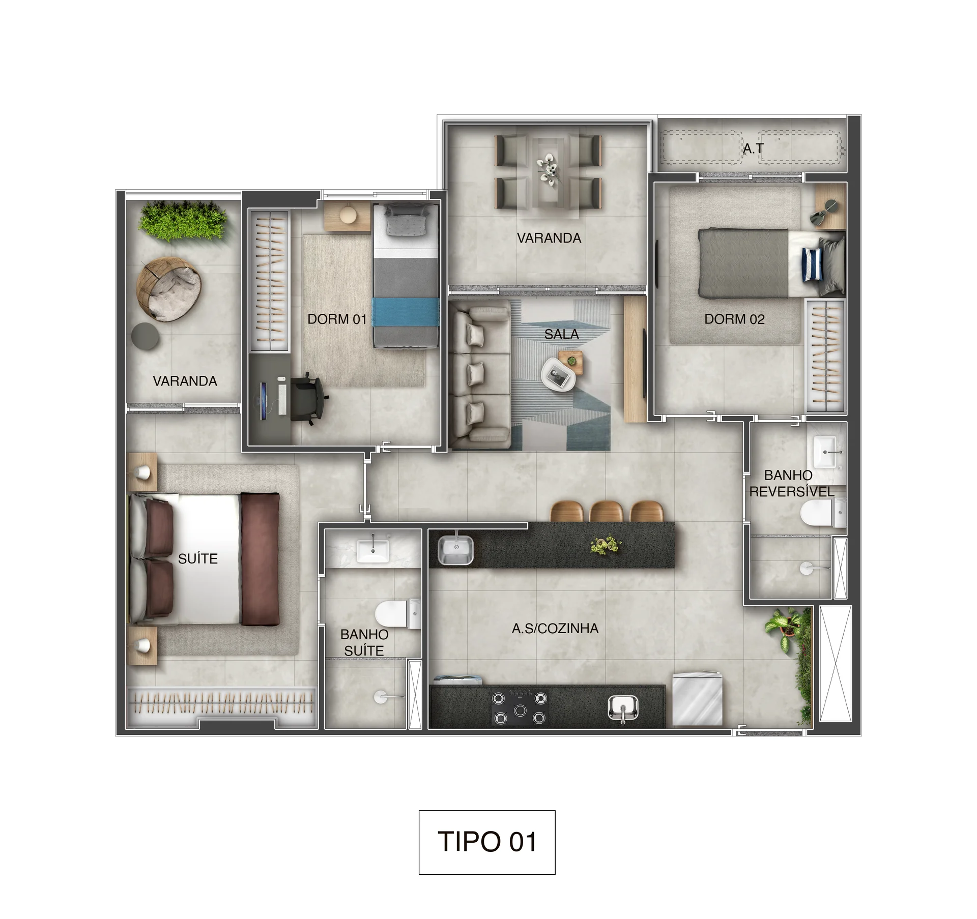 Planta Tipo 01 - 3 Quartos c/ 2 Suítes (73,35 m²)