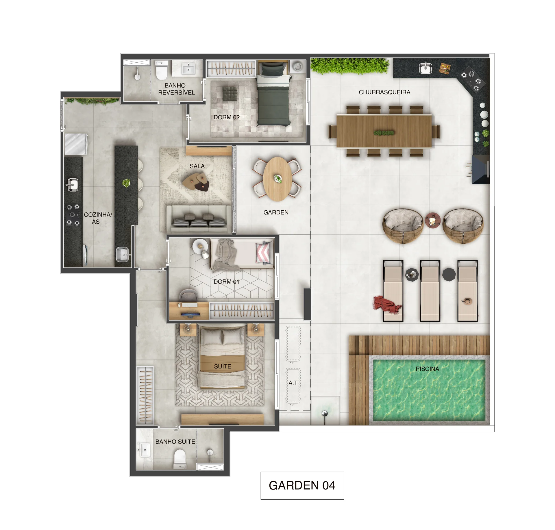 Planta Garden 404 - 3 Quartos c/ 2 Suítes (139,65 m²)