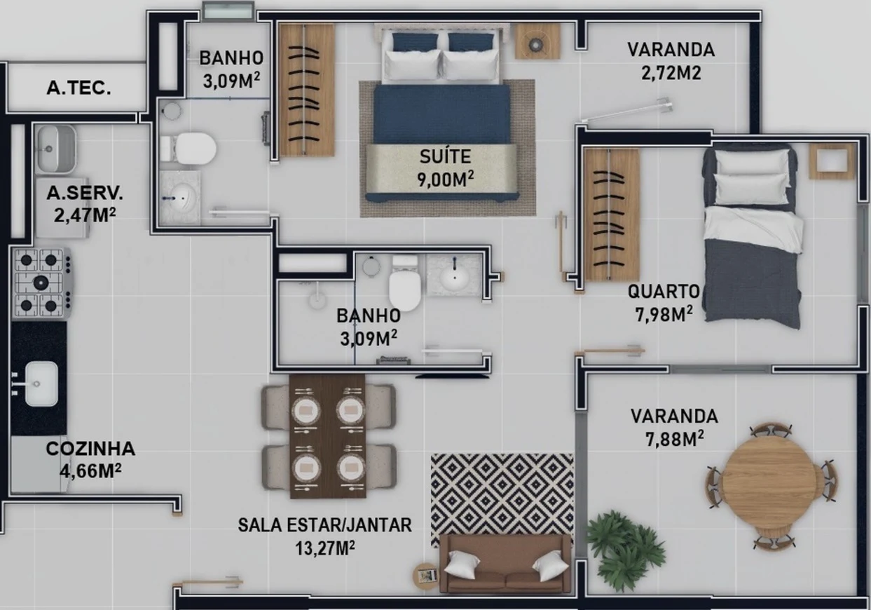 Planta Colunas 01, 02, 13 e 14 - 2 Dormitórios c/ Suíte (53,71 m²)