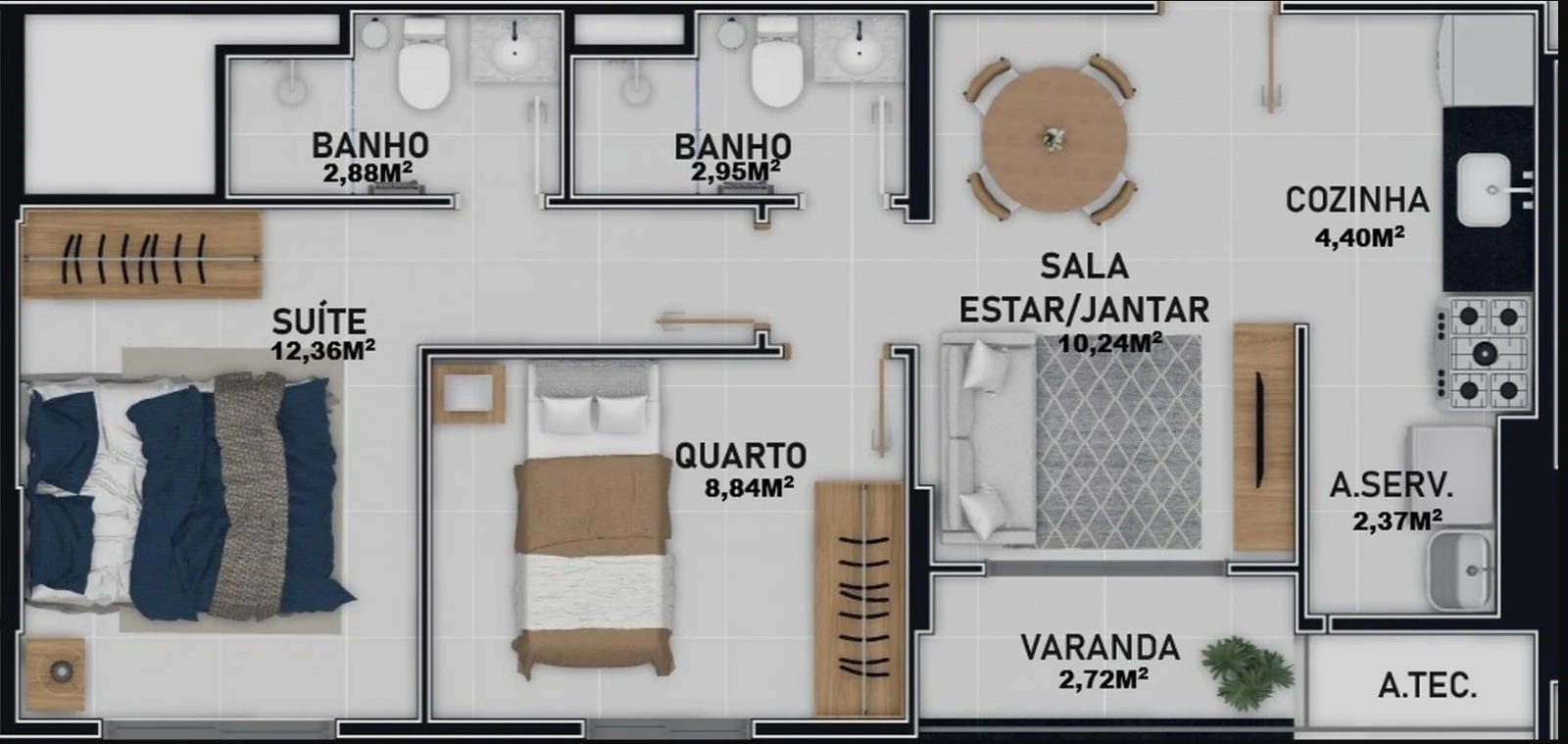 Planta Coluna 03 - 2 Dormitórios c/ Suíte (48,35 m²)