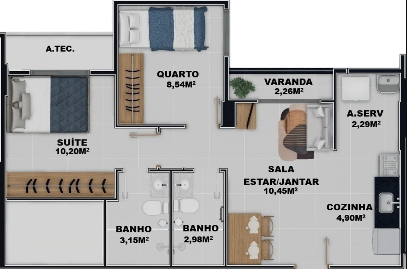 Planta Coluna 04 - 2 Dormitórios c/ Suíte (49,33 m²)