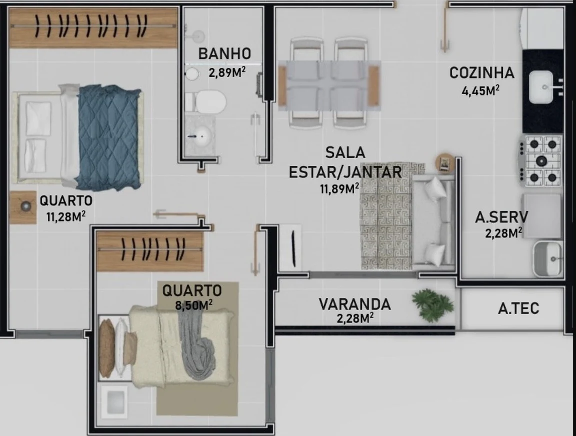 Planta Colunas 05, 07, 09 e 11 - 2 Dormitórios (45,61 m²)