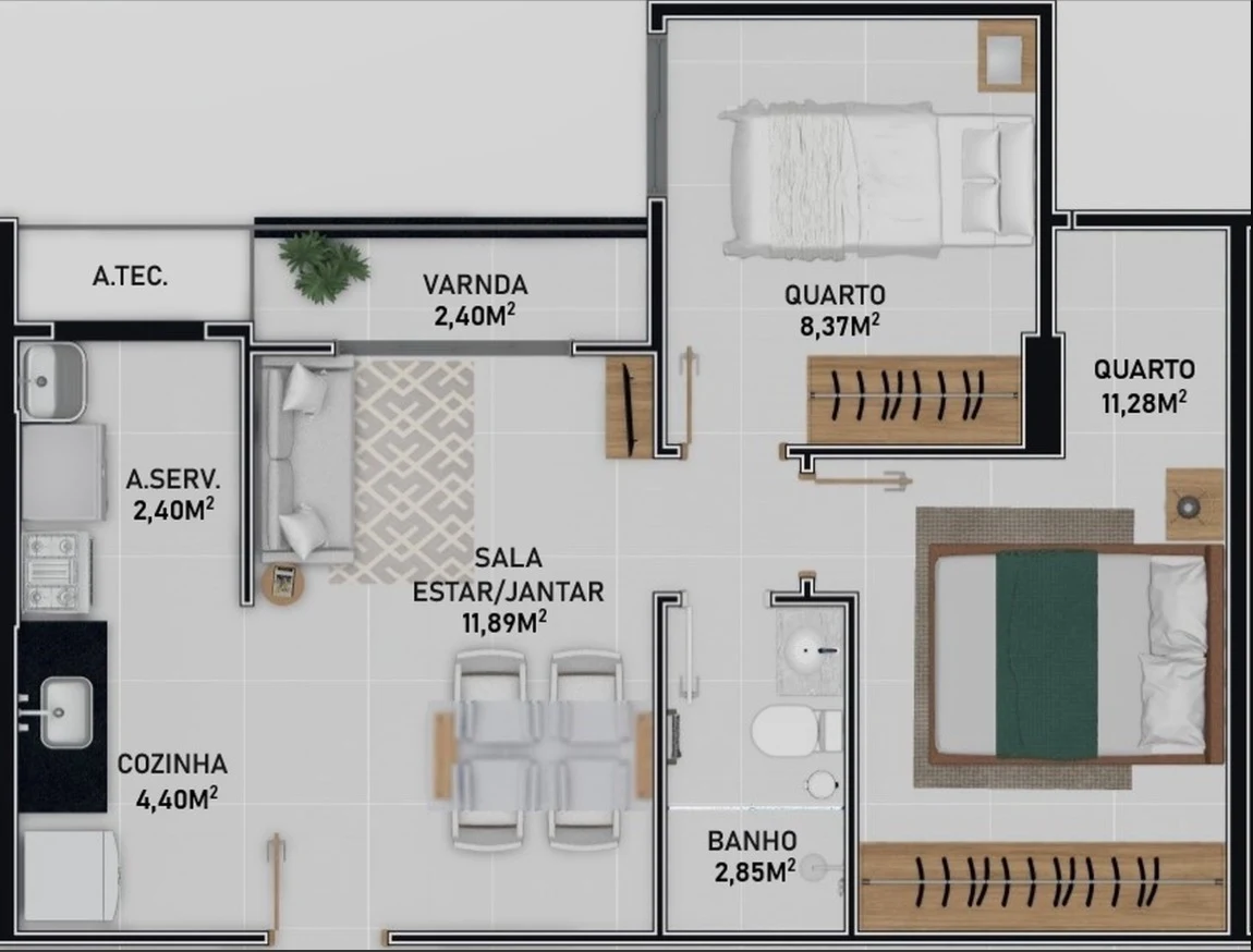 Planta Colunas 08 e 10 - 2 Dormitórios (45,47 m²)