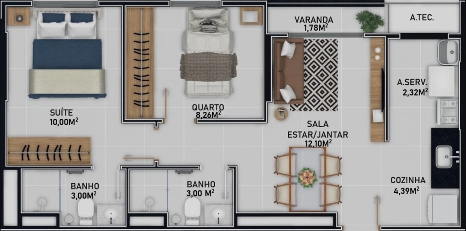 Planta Coluna 12 - 2 Dormitórios c/ Suíte (47,56 m²)