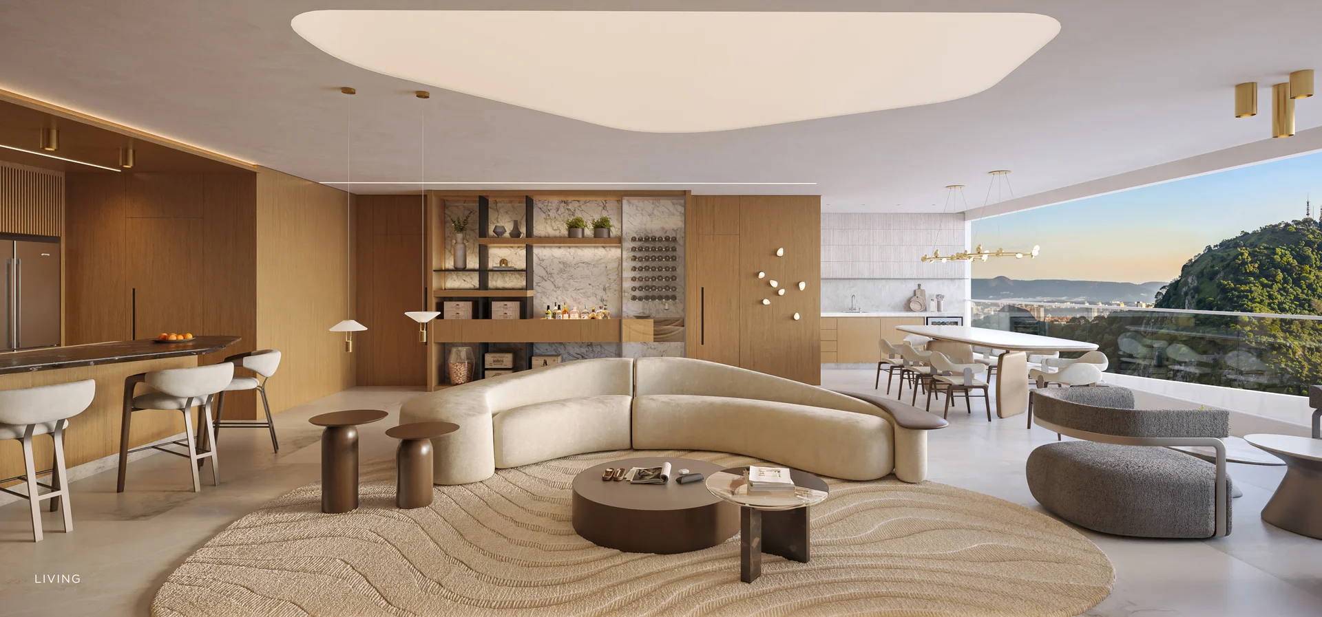 Living Integrado com Sala de Estar e Jantar das 4 Suítes