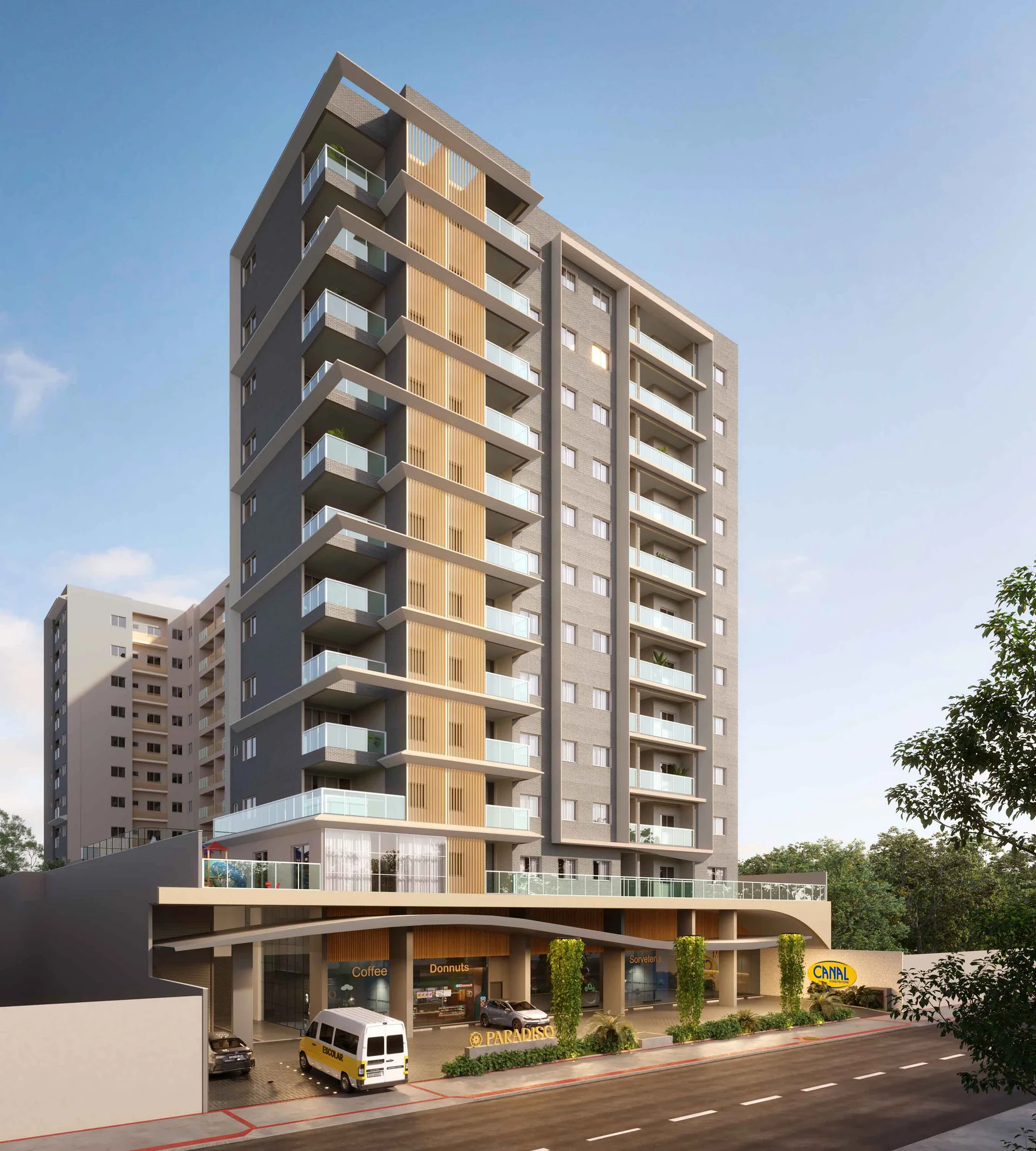Fachada Contemporânea Diurna do Edifício Paradiso Residencial Clube na Praia de Itaparica