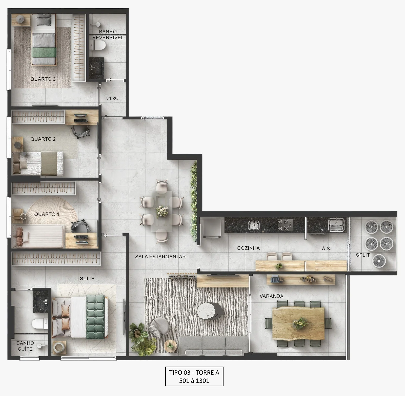 Planta Tipo Torre A (Capri) - 4 Quartos com Suíte