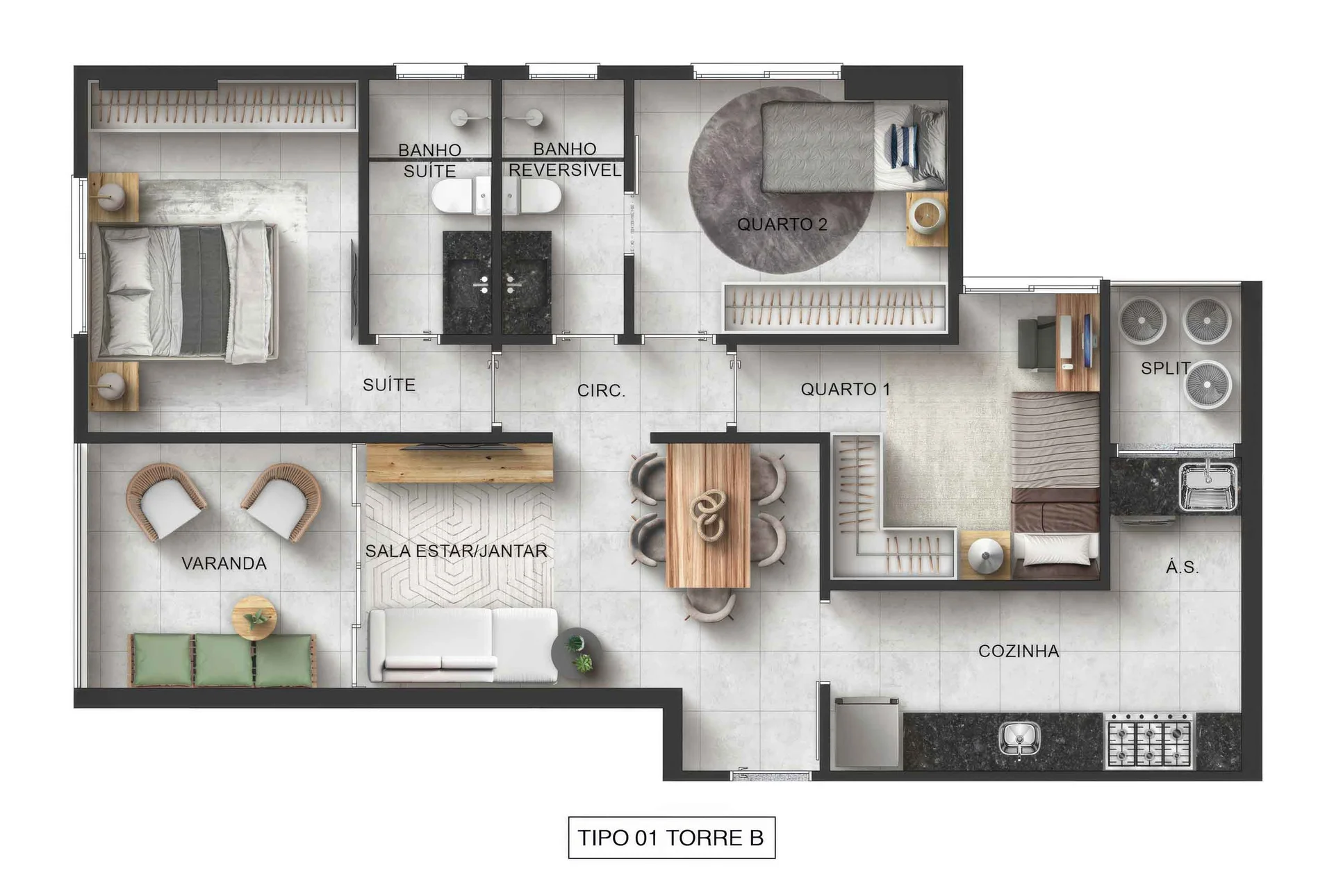Planta Tipo Torre B (Sicília) - 2 Quartos com Suíte