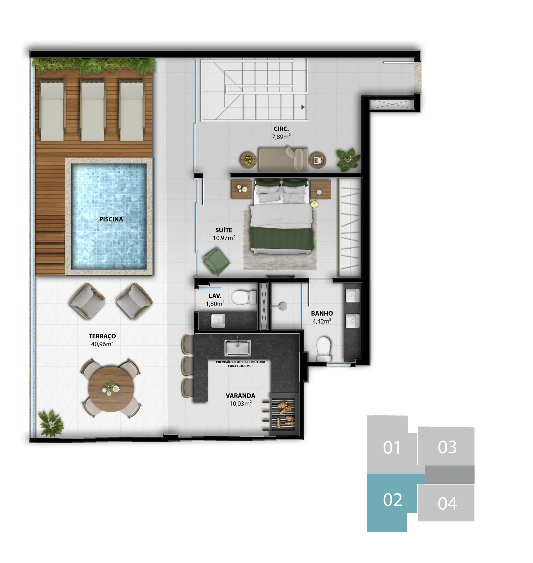 Planta Cobertura Duplex — 3 Quartos (2 Suítes)